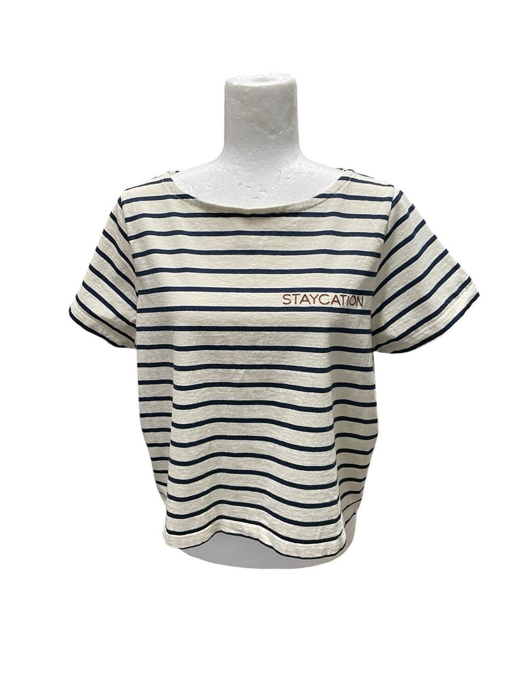 Madewell Oversized Medium Staycation T Shirt Boxy Fit Crop Nautical Stripe